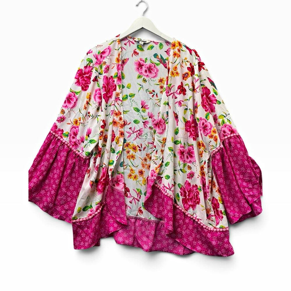 Pioneer Wear Floral Open Front Kimono Balloon Long Sleeve Pom-Pom L/XL Pink